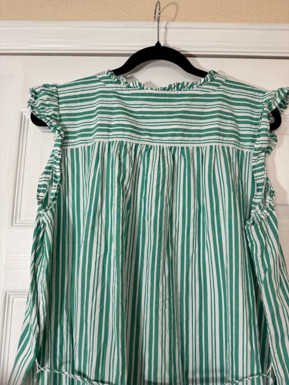 LOFT Green and White Striped Ruffle-Shoulder Shirt Dress - Picture 4 of 6